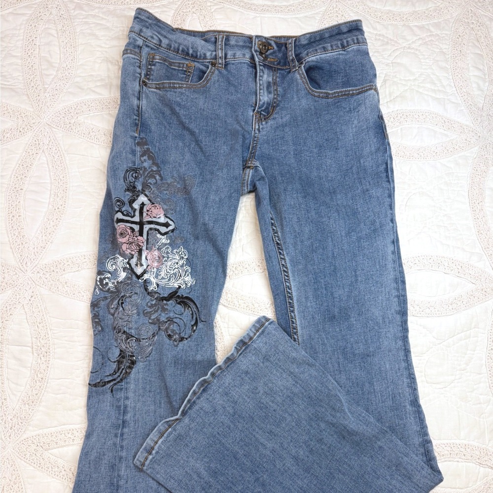 Hot Topic Flare Emo Grunge Jeans Blue Graphic Cross Rose Y2K Goth Size 11